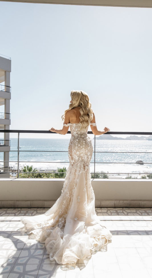 C2023-OSF441 off the shoulder fitted flower motif wedding gown