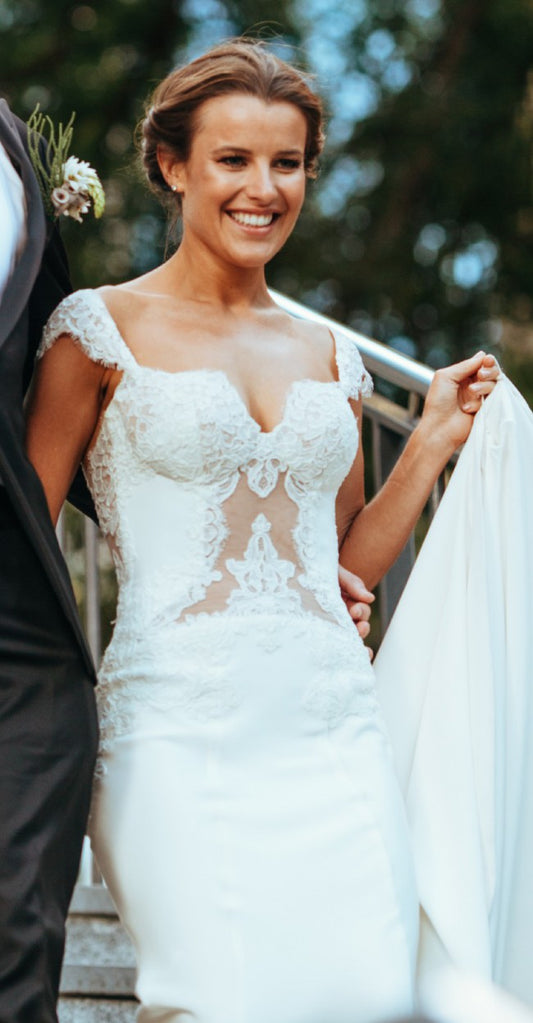 C2022-BL44 - Short cap sleeve backless wedding gown