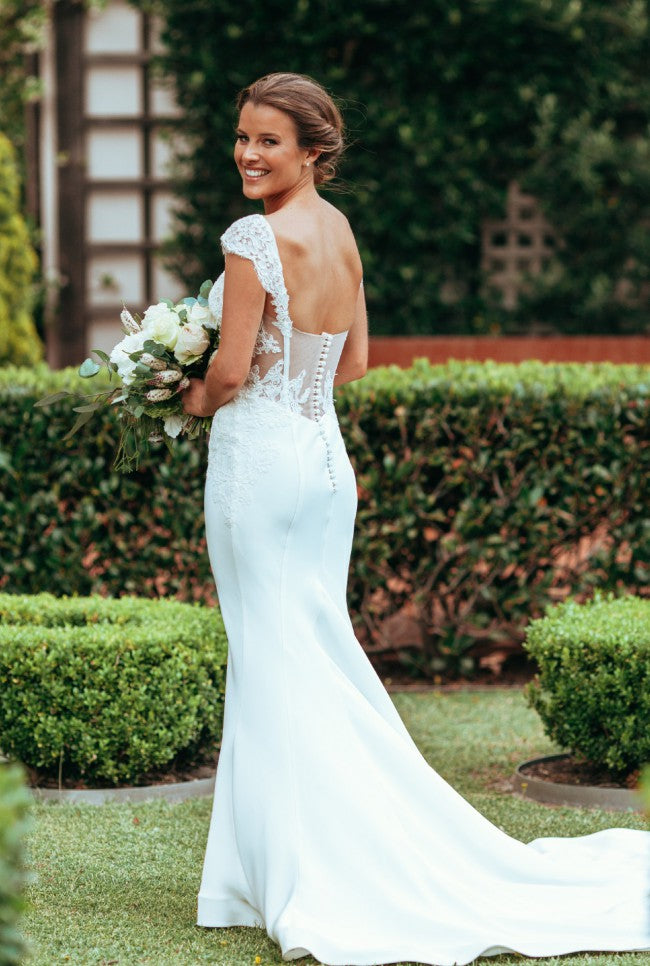 C2022-BL44 - Short cap sleeve backless wedding gown