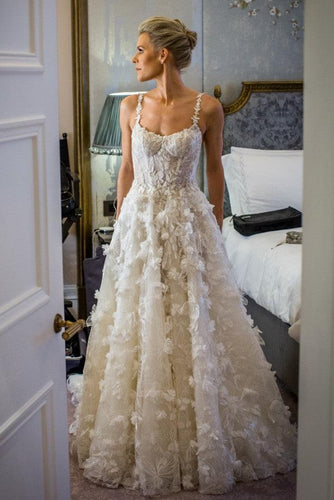 C2022-AL022 - Spaghetti strap a-line flower motif wedding gown