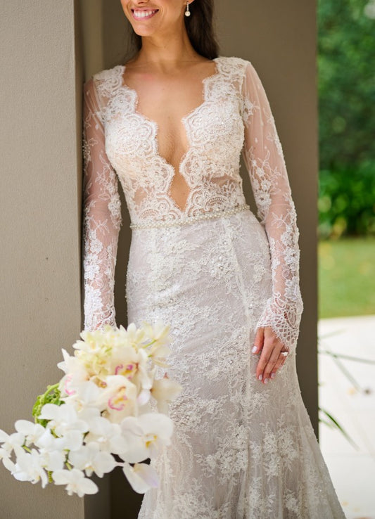 C2022-Vl443 - Robe de mariée en dentelle transparente, col en V, manches longues
