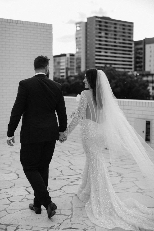 C2022-BLS909 - White beaded long sleeve wedding gown