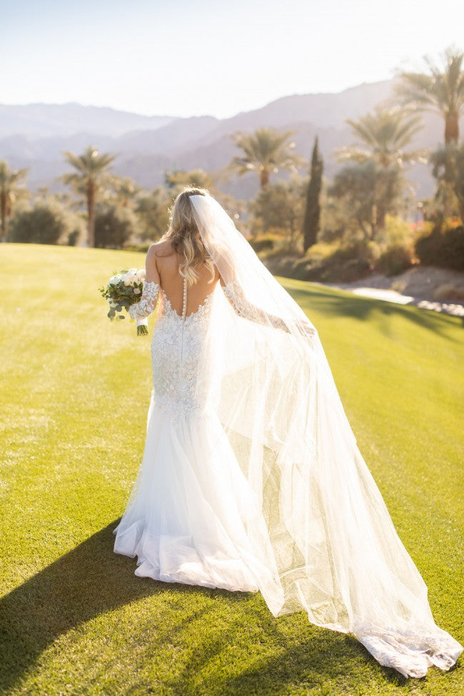 C2022-L0122 Halter style beaded lace wedding gown with detachable sleeves