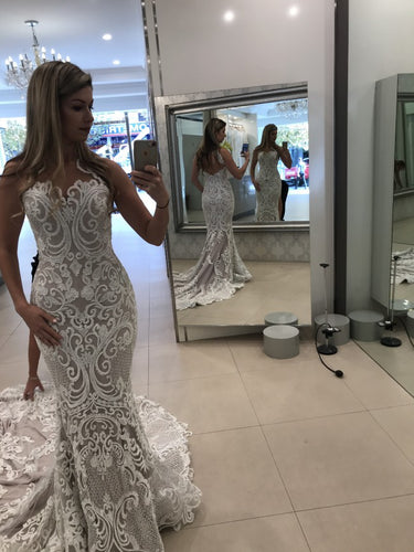 C2022-HL022 Embroidered lace halter wedding gown from DARIUS COUTURE