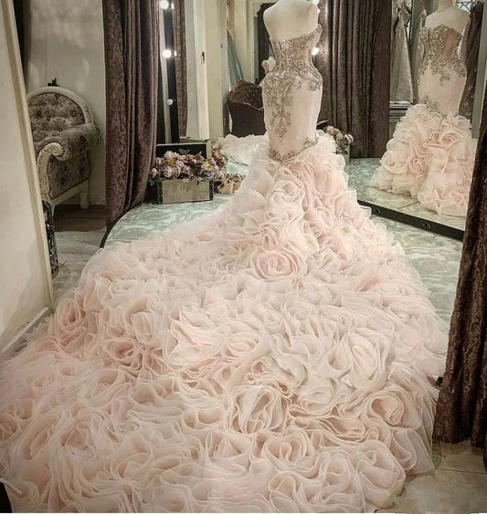 C2020-SP8b - Strapless fit-and-flare ruffle train wedding gown