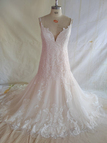 Style 95137 - sleeveless open neck plus size lace wedding gown