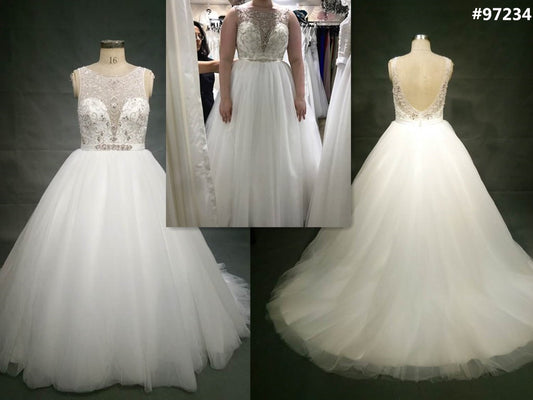 Style 97234 sleeveless plus size wedding gown replication with illusion neckline