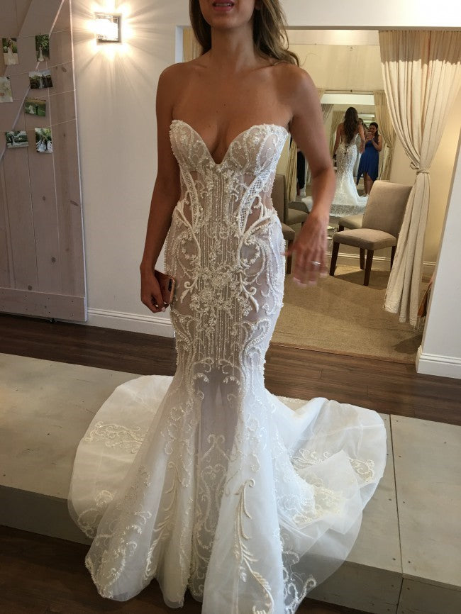 C2021-SB022b  strapless 3D embroidered fit-to-flare wedding gown