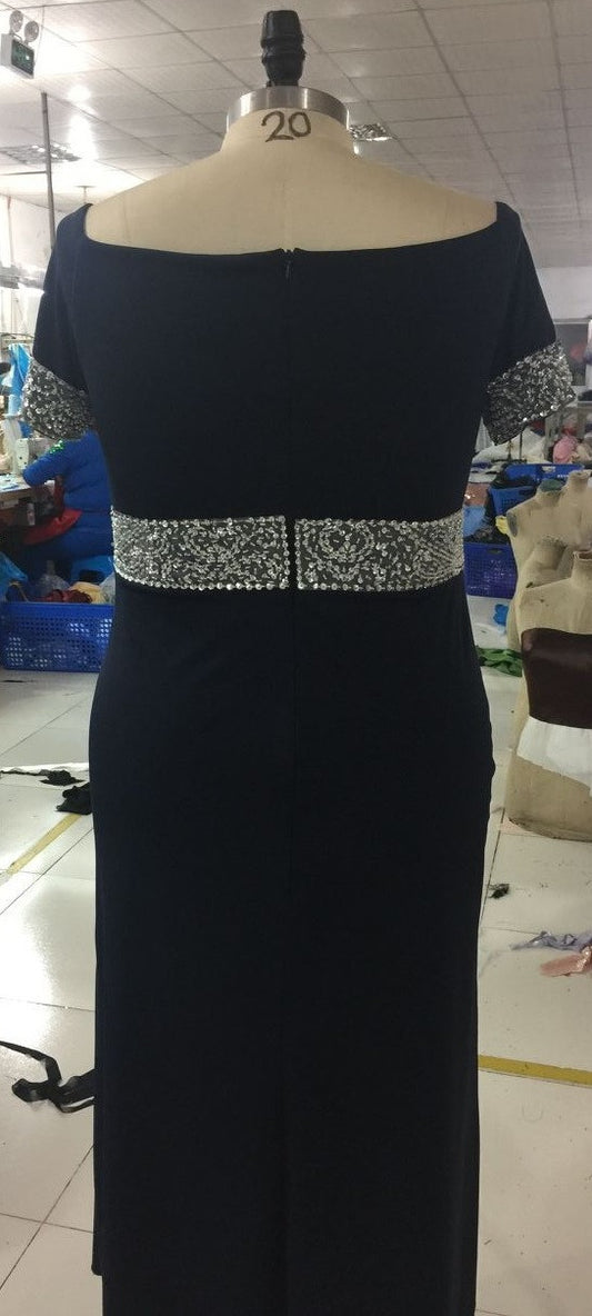Navy blue short sleeve plus size evening dress