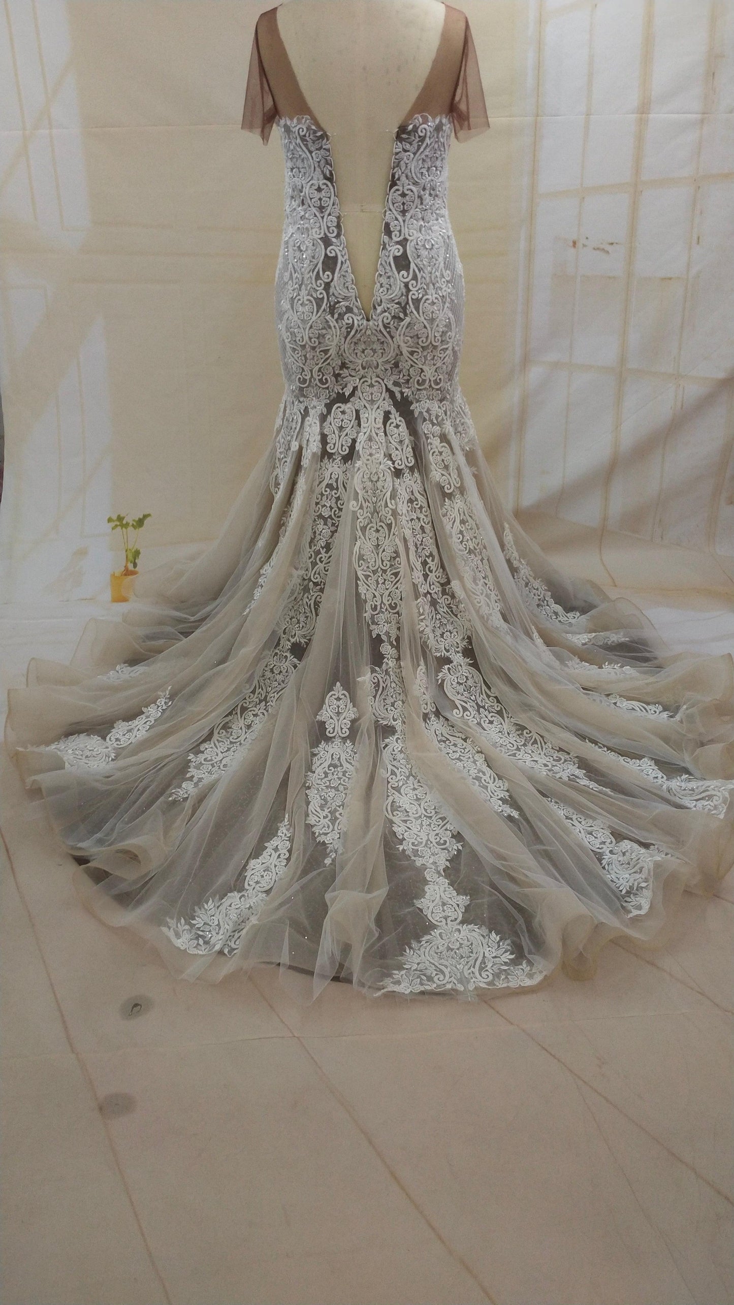 C2021-LaToya - Plus size embroidered wedding gown with illusion neckline