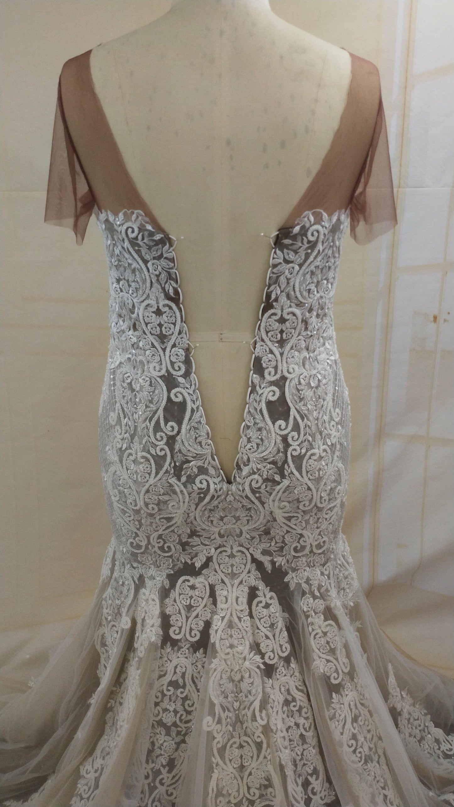 C2021-LaToya - Plus size embroidered wedding gown with illusion neckline