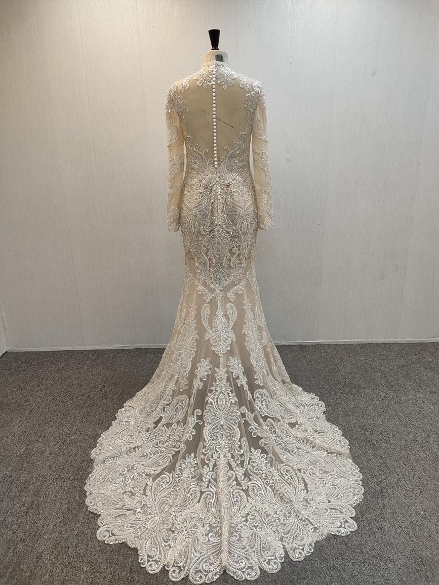 C2021-MHidalgo - Embroidered sheer long sleeve wedding gown