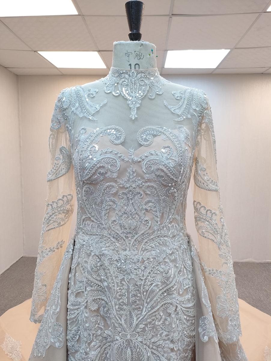 C2021-MHidalgo - Embroidered sheer long sleeve wedding gown
