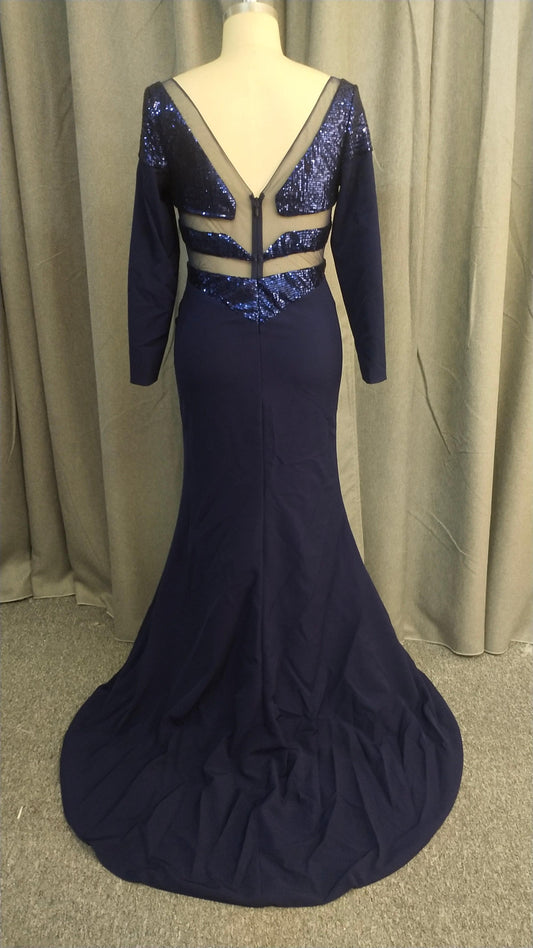 C2021-Rosa - Vestido de noche azul de manga larga