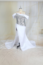 Style C2022JDw - White Off the shoulder evening gowns with split