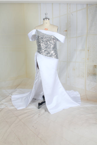 Style C2022JDw - White Off the shoulder evening gowns with split