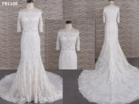FB1106 - Robe de mariée en dentelle à manches 3/4 et épaules dénudées 