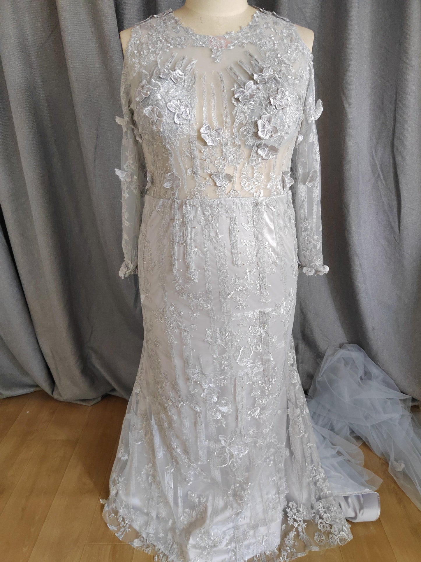 C2021-KBables - Sheer long sleeve platinum grey plus size wedding gown