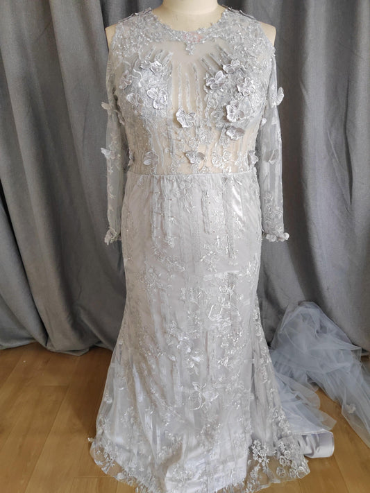C2021-KBables - Sheer long sleeve platinum grey plus size wedding gown