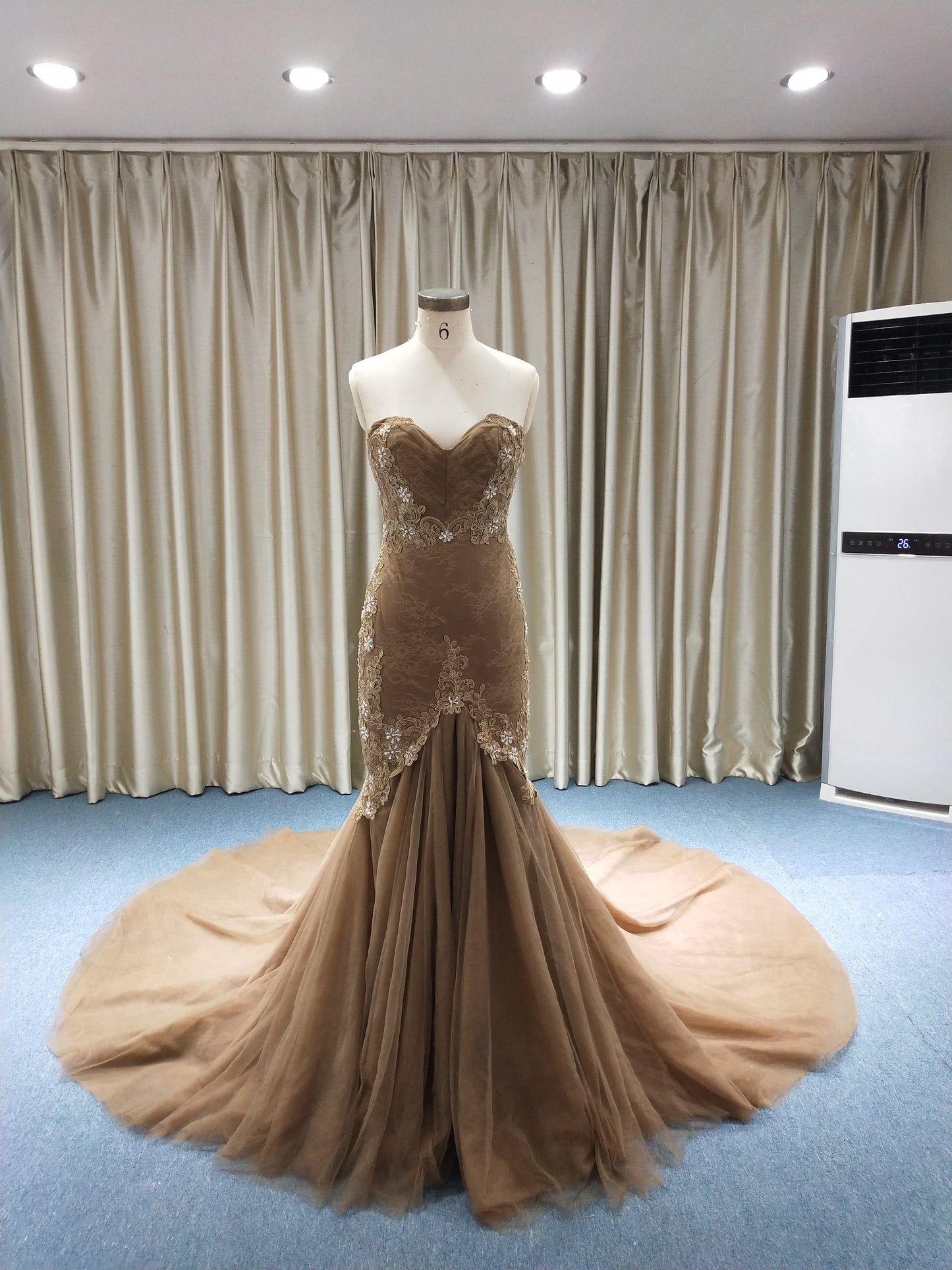 Style LW97308 - Chocolate Colored Fit-n-Flare wedding evening gowns