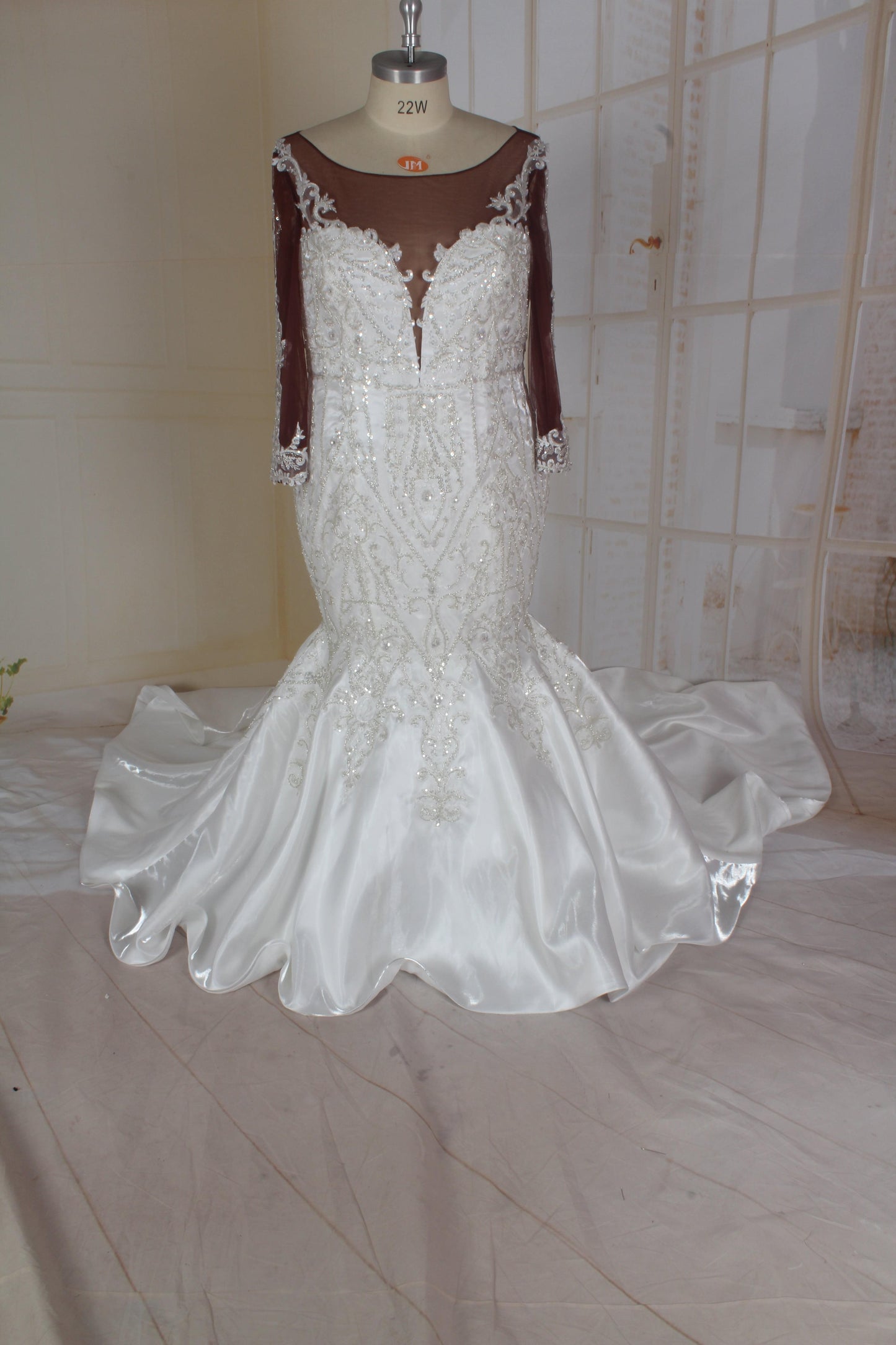 C2021-Nicole - Sheer dark net long sleeve plus size wedding gown