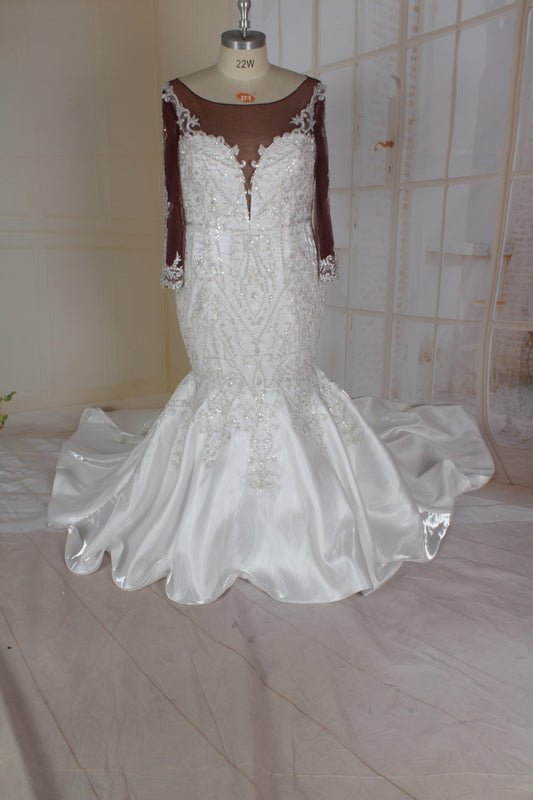 C2021-Nicole - Sheer dark net long sleeve plus size wedding gown