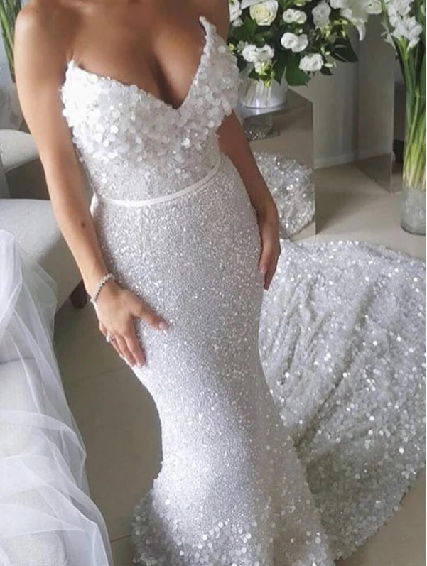 C2022-SS448 - White sequin beaded strapless wedding gown