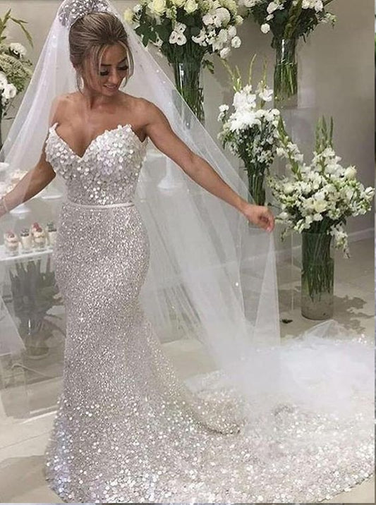 C2022-SS448 - White sequin beaded strapless wedding gown