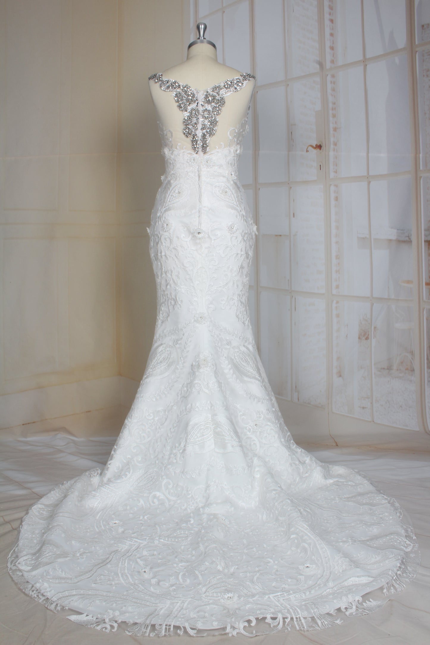 C2021-Perrline - Sleeveless swarovski crystal beaded wedding gown with detachable train