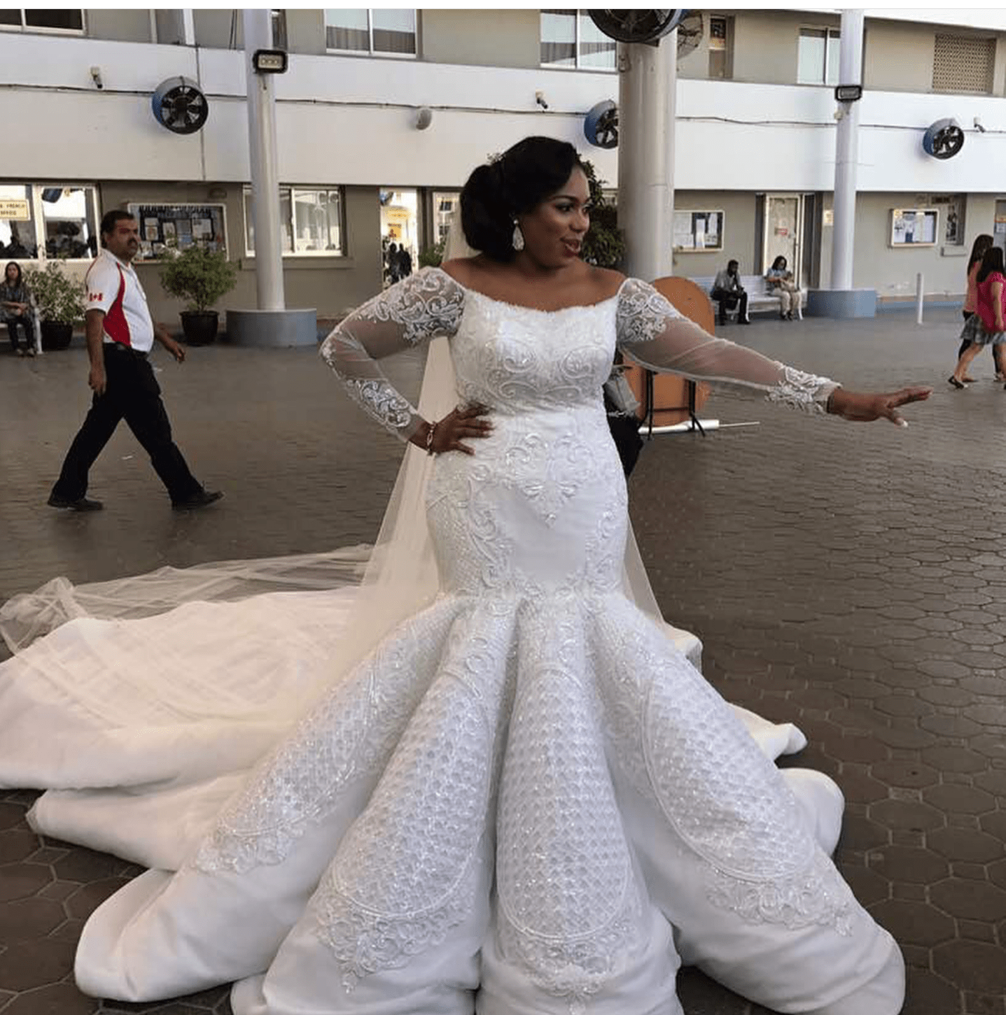 C2019 - LSP080 Off the shoulder long sleeve plus size fit-to-flare wedding gown