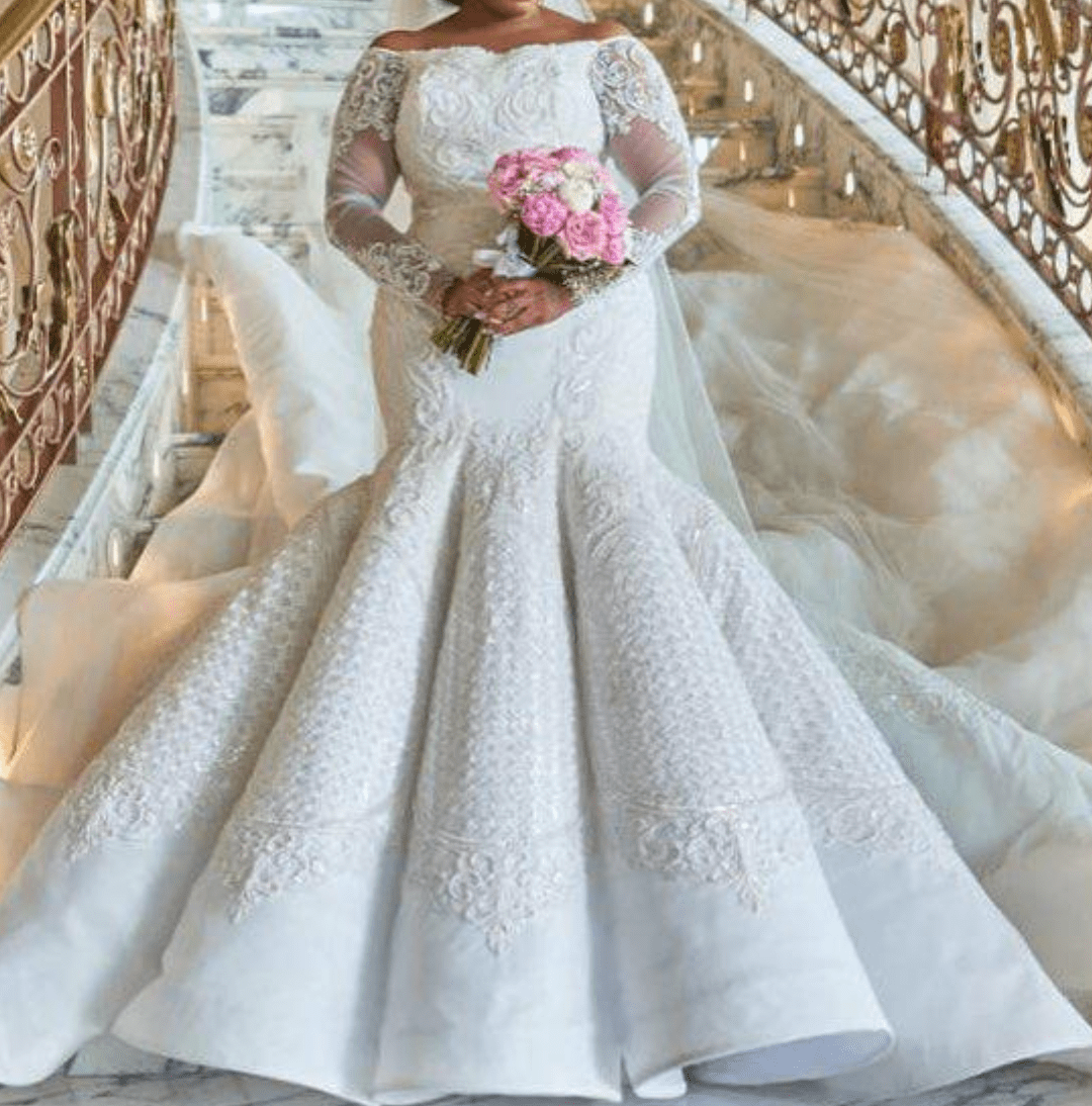 C2019 - LSP080 Off the shoulder long sleeve plus size fit-to-flare wedding gown