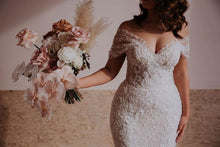 C2021-aSL0887 sheer off the shoulder beaded lace wedding gown with train