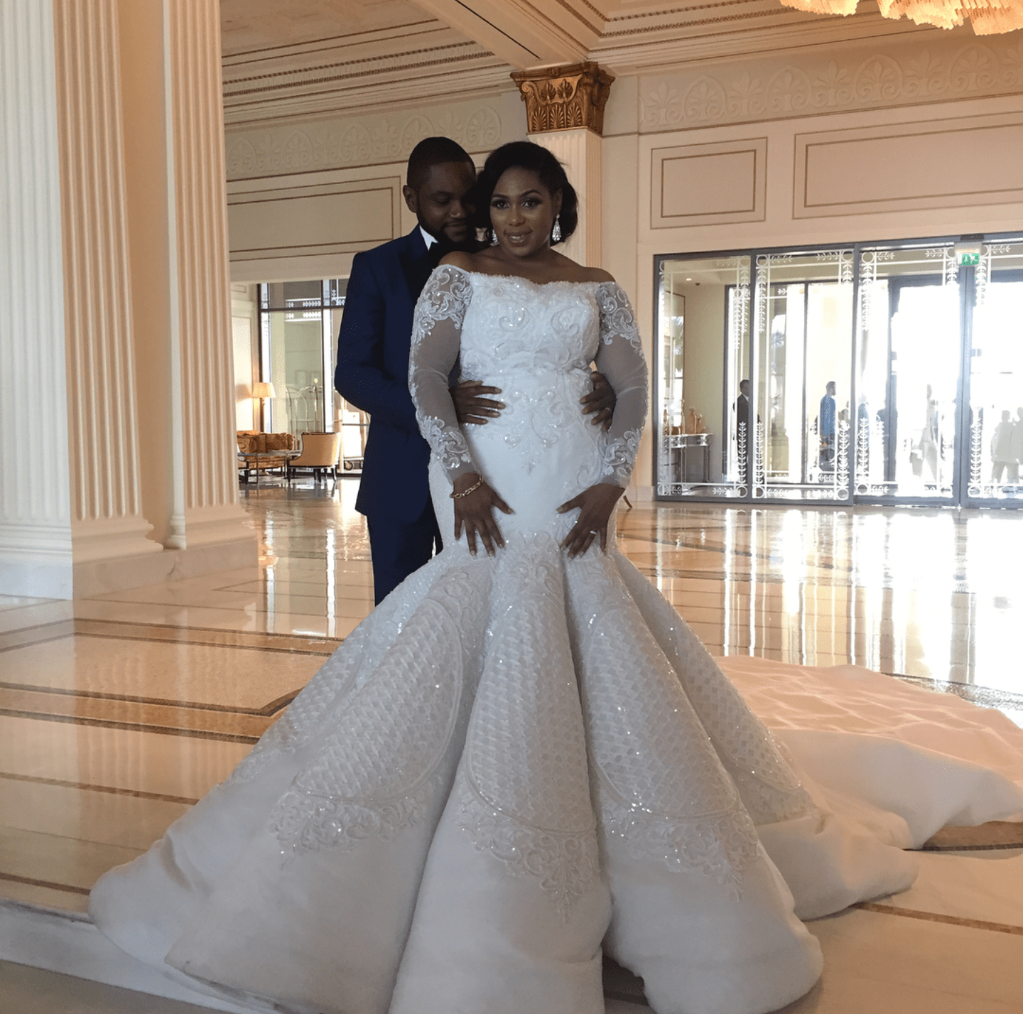 C2019 - LSP080 Off the shoulder long sleeve plus size fit-to-flare wedding gown