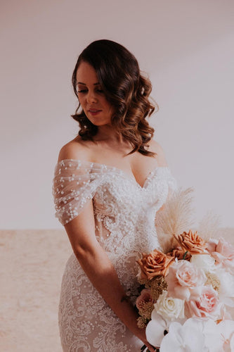 C2021-aSL0887 sheer off the shoulder beaded lace wedding gown with train