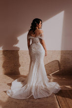 C2021-aSL0887 sheer off the shoulder beaded lace wedding gown with train