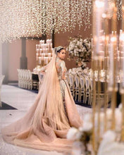 C2021-aLF88 - long sleeve bugle beaded illusion neckline wedding gown with detachable cathedral train