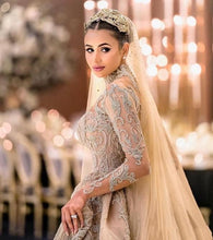 C2021-aLF88 - long sleeve bugle beaded illusion neckline wedding gown with detachable cathedral train