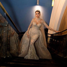 C2021-aLF88 - long sleeve bugle beaded illusion neckline wedding gown with detachable cathedral train