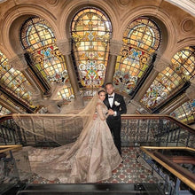 C2021-aLF88 - long sleeve bugle beaded illusion neckline wedding gown with detachable cathedral train