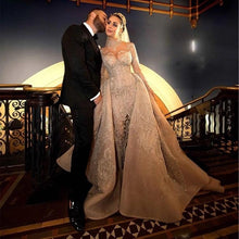 C2021-aLF88 - long sleeve bugle beaded illusion neckline wedding gown with detachable cathedral train