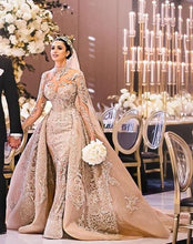C2021-aLF88 - long sleeve bugle beaded illusion neckline wedding gown with detachable cathedral train