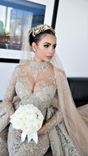 C2021-aLF88 - long sleeve bugle beaded illusion neckline wedding gown with detachable cathedral train
