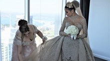 C2021-aLF88 - long sleeve bugle beaded illusion neckline wedding gown with detachable cathedral train