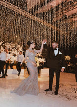 C2021-aLF88 - long sleeve bugle beaded illusion neckline wedding gown with detachable cathedral train