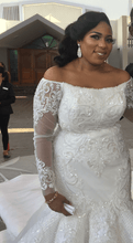 C2019 - LSP080 Off the shoulder long sleeve plus size fit-to-flare wedding gown