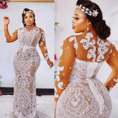 C2022-PL237 Vestido de novia con manga de encaje transparente de talla grande 