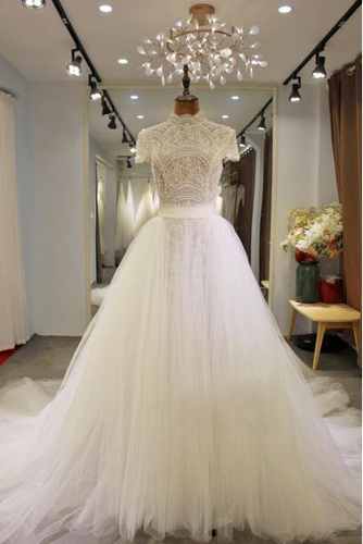 VNDM629 - Modest short sleeve ball gown wedding dress