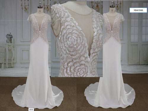 Style YBW1948 Sequin flower wedding dresses with cap sleeves