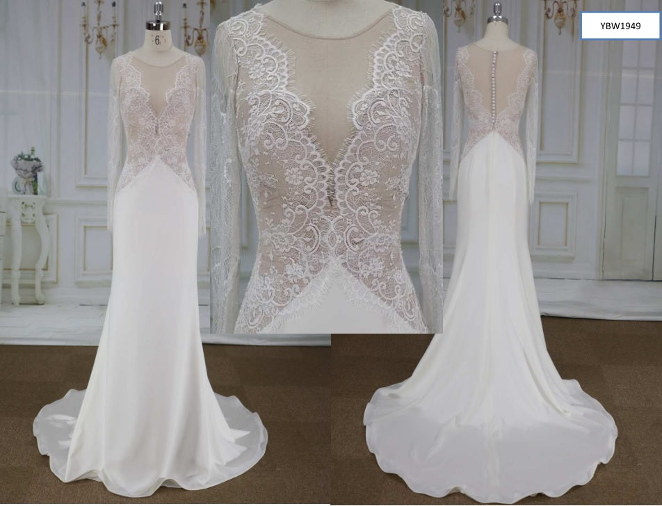 Style YBW1949 long sleeve sheer bodice wedding dress