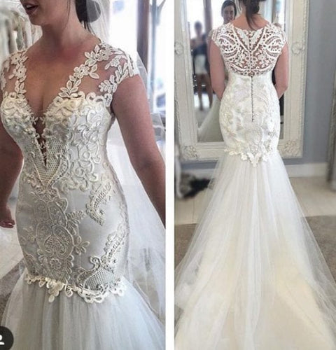 C2022-cs012 - Cap sleeve fit-to-flare wedding gown